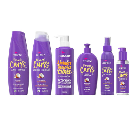 Aussie Miracle Curls Set: Shampoo, Conditioner, Deep Hydration, Spray Gel, Detangling Milk, and Oil Hair Treatment, Curl Oil, Coconut & Jojoba, Frizz Control, 6 Pieces