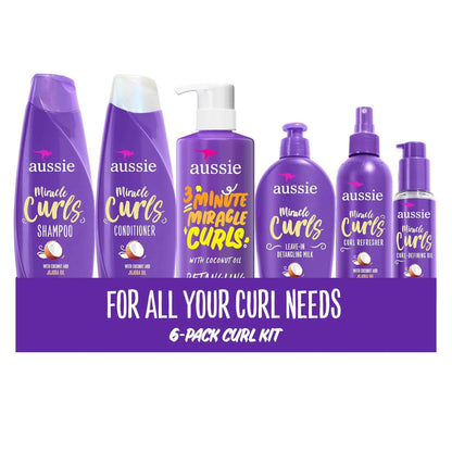Aussie Miracle Curls Set: Shampoo, Conditioner, Deep Hydration, Spray Gel, Detangling Milk, and Oil Hair Treatment, Curl Oil, Coconut & Jojoba, Frizz Control, 6 Pieces